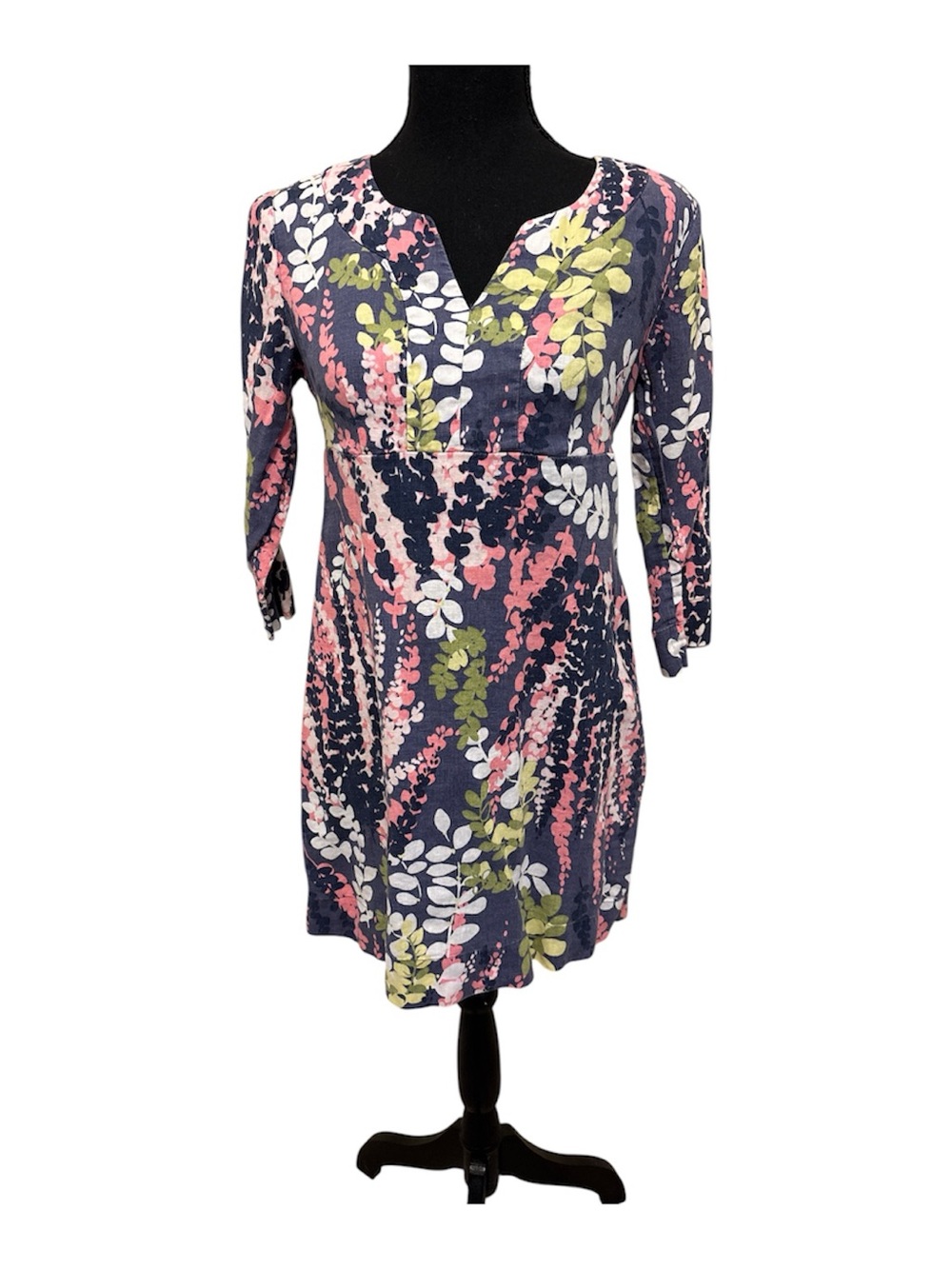 Boden Navy Floral V-Neck Midi Dress with Pink and Green Accents
